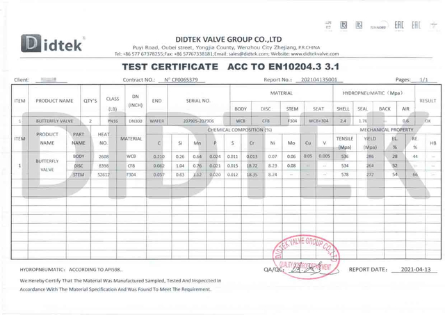 Chứng chỉ kiểm tra van bướm ACC đến EN10204.3 3